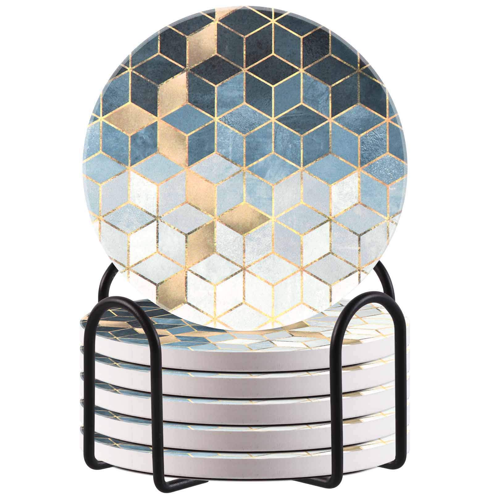 HAOCOO Drink Round Coasters with Holder (Set of 6), Absorbent Ceramic Coasters with Non-Slip & Scratch-Resistant Cork Base (Cube)