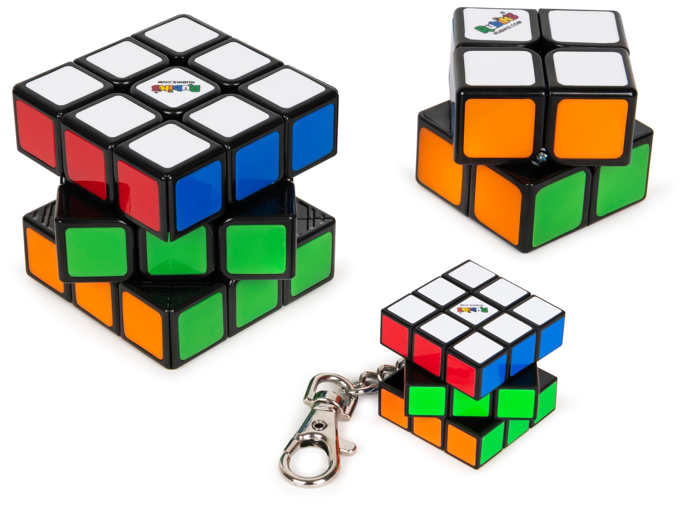 Rubik’s Cube Family Pack, Original 3x3, 2x2 and 3x3 Keyring, Complete Pack of 3