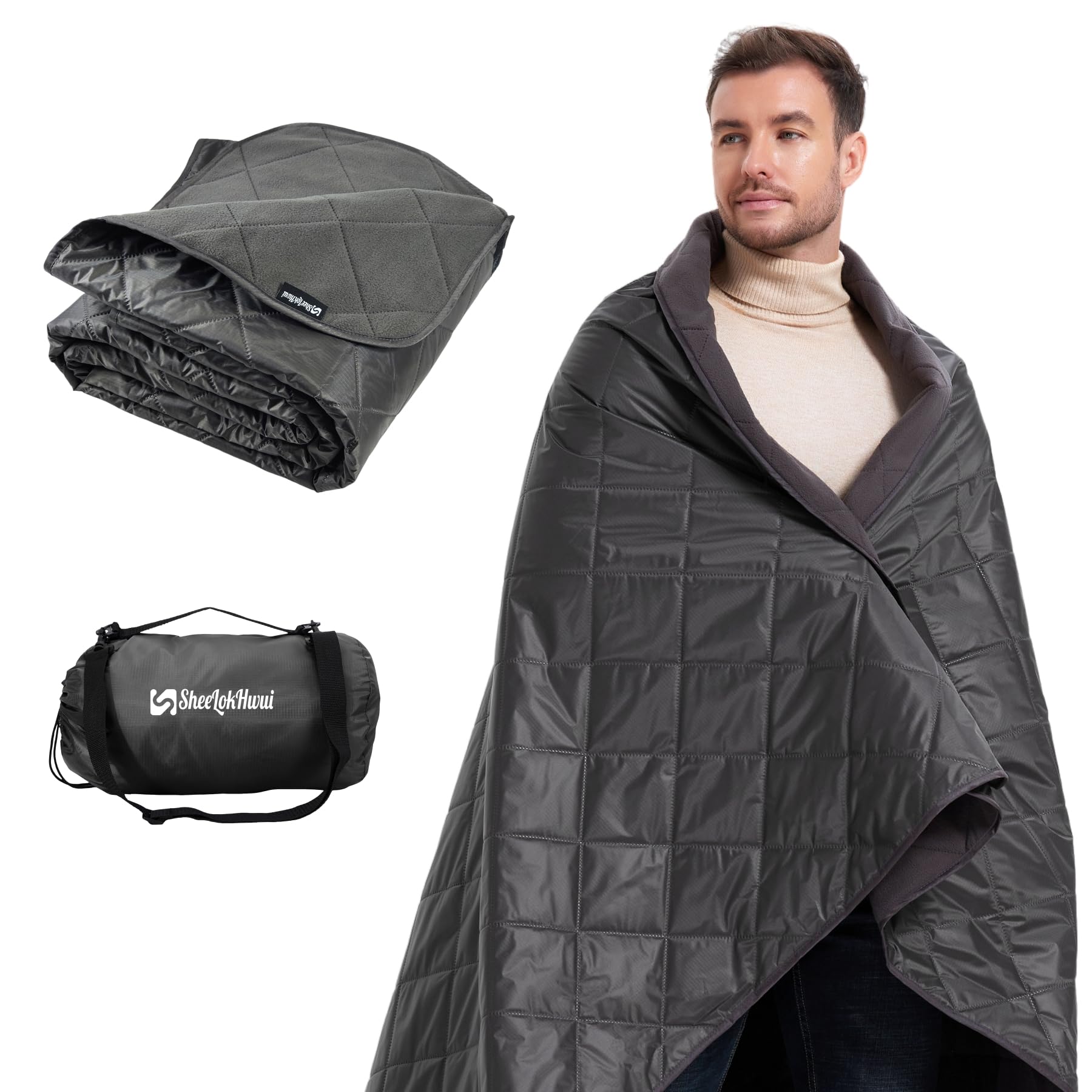 Photo 1 of sheelokhwui 4-in-1 Large Outdoor Blanket - Waterproof & Windproof Thickened Warm Fleece Camping Blanket for Stadium, Hiking, Sporting Events - 81"x57", Packable (Dark Gray)