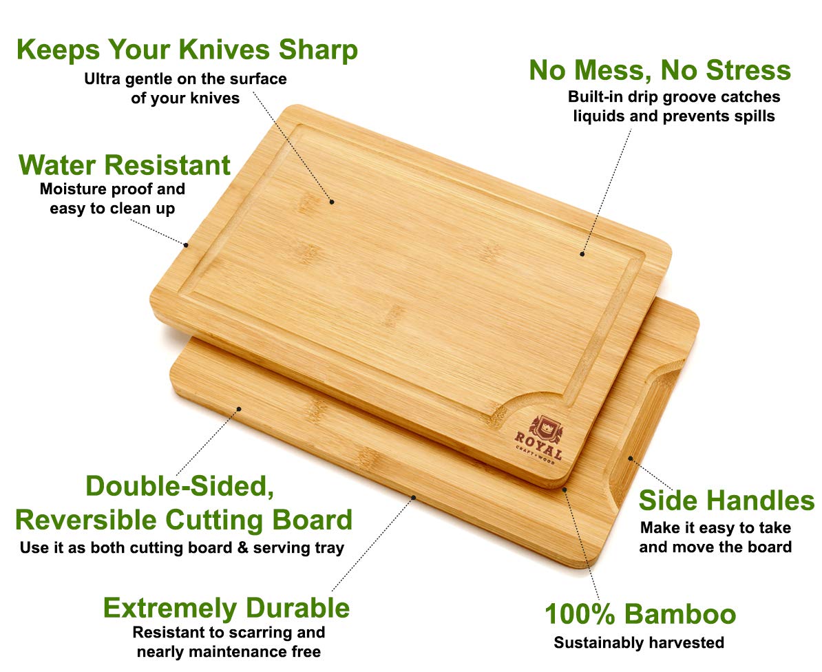 Organic Bamboo Cutting Board with Juice Groove (Set of 3) - Kitchen Cutting Board Meat (Butcher Block) Cheese and Vegetables | Antibacterial Heavy Duty Serving Tray with Handle