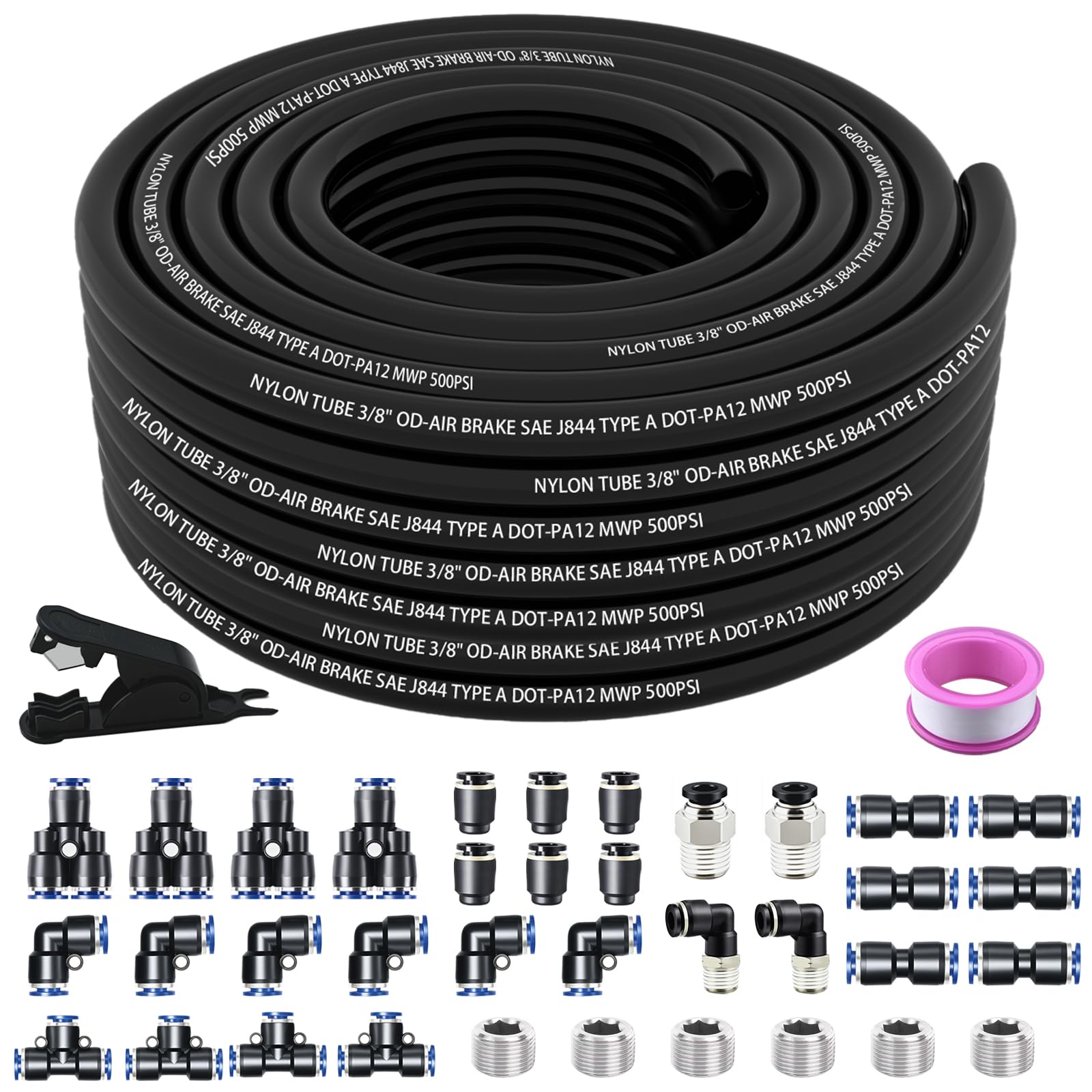 Photo 1 of 50FT 3/8" OD DOT Air Line with 39 Pcs Compressed Accessories Kit 15.5 Meter 3/8" SAE j844 PA Nylon Air Hose Tubing, Push to Connect Fittings For Air Brake System Or Fluid Transfer