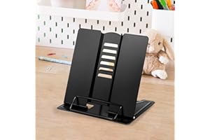 Honagu Small Metal Desk Book Stand for Reading, Adjustable Holder, Hands-free for Documents, Cookbooks, Music & Textbooks, Portable, Suits Recipe, Tablet, iPad (Black)