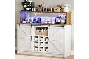 4ever2buy Farmhouse Coffee Bar with LED Lights, 47 inch Coffee Bar Cabinet with Storage, Wine Bar Cabinet with Wine and Glass Rack for Living, Dining Room, White