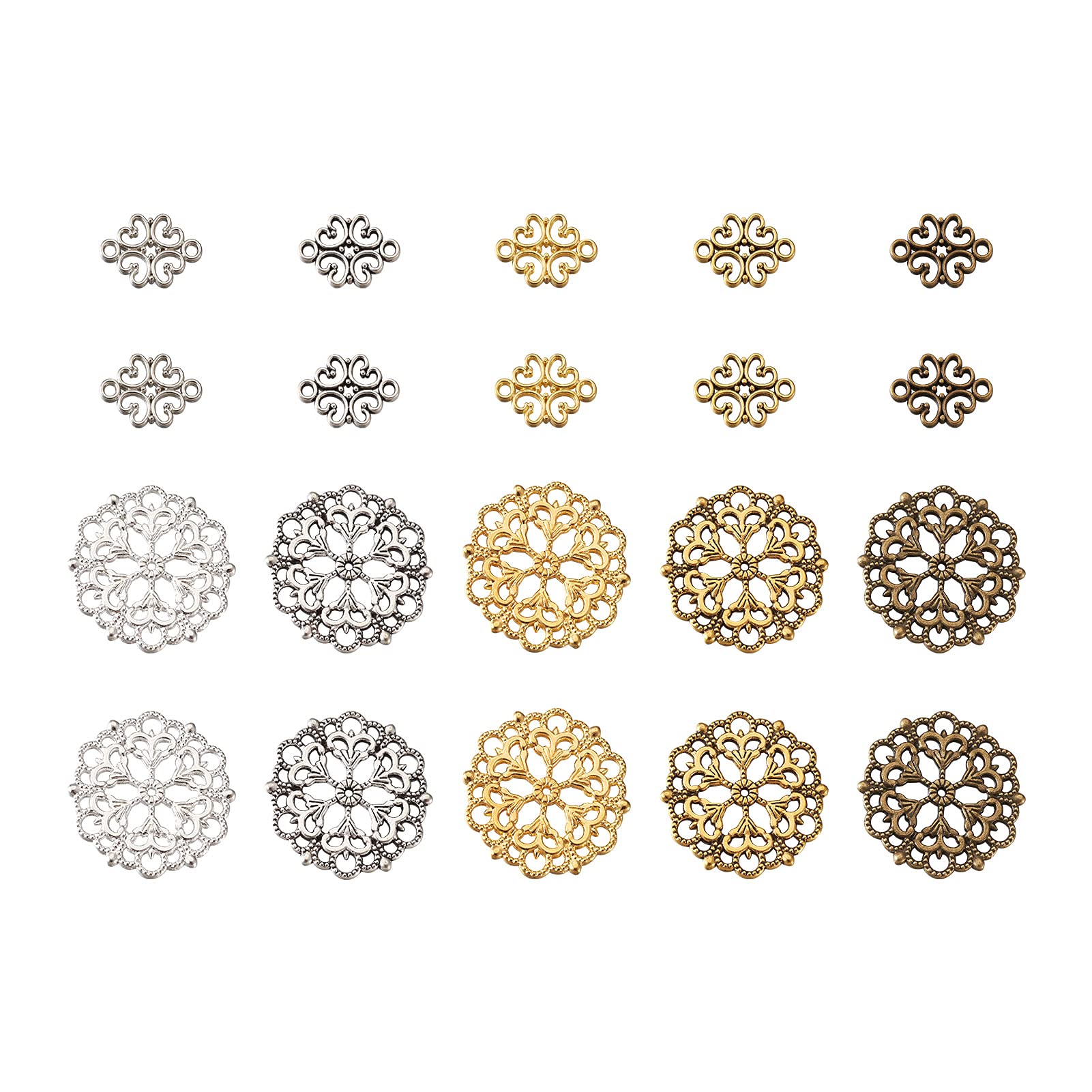 PandaHall 80pcs Alloy Filigree Wrap Charms Pendant 2 Styles 5 Colors Flower Filigree Joiners Links Connectors for DIY Hairpin Headwear Earring Jewelry Making