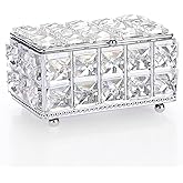 ELLDOO Crystal Jewelry Box Rectangle Trinket Organizer with Lid Earrings Rings Vintage Treasure Keepsake Box for Valentine Wedding Dresser Bedroom Decoration, Silver