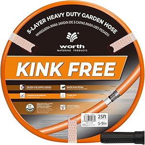 Worth Garden 5/8 in. x 25' Garden Hose - 25FT Orange Durable PVC Non Kinking Heavy Duty Water Hose with Brass Hose Fittings - 12-YEAR WARRANTY - H055C03