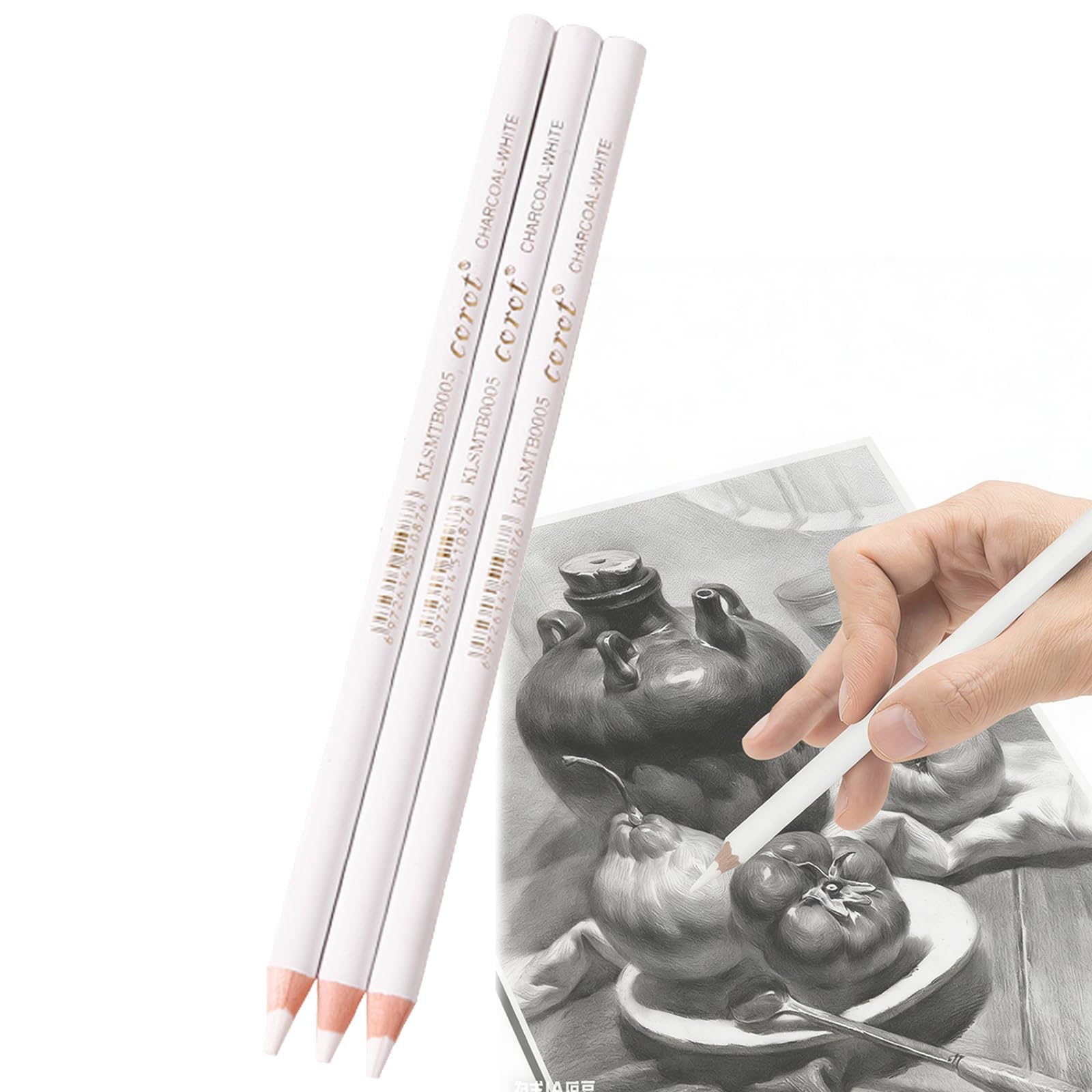3Pcs White Charcoal Pencils Highlight Sketching Drawing Painting Pencil White Charcoal Sketch Pencils Set Professional Drawing Sketch Pencil Fine Point Sketching Penci for Artist Beginner Student