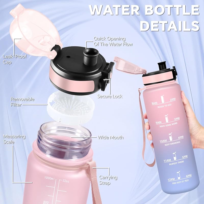 Trinkflasche 1l, Wasserflasche Sport, Trinkflasche Kohlensäure Geeignet, Wasserflasche Auslaufsicher, mit Zeitmarkierung und Filter, Leicht zu Reinigen, für Schule, Büro, Outdoor, Camping, Running