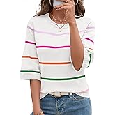 LOMON Womens Sweaters Casual Fall 2025 Crew Neck Striped 3/4 Sleeve Lightweight Knit Trendy Pullover Sweater Tops S-XL