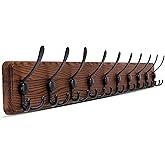 Kruodop Large Coat Rack Wall Mount Coat Hooks Coat Hanger with 10 Metal Black Triple- Hooks Brown Pine Real Wood Plank Hat Rack for Wall Hooks for Hanging Coat Hat Jacket