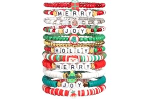 Lorenleya Christmas Bracelets Set for Women, Stocking Stuffer Handmade Clay Beads Letter Stretch Bracelets Bulk, Adjustable White Red Green Friendship Stackable Holiday Jewelry Gift