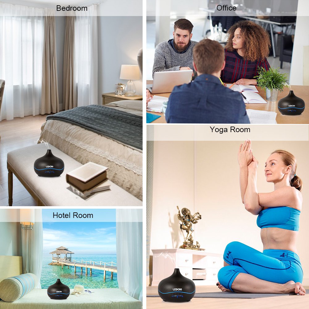 LEDGLE 300ml Home Essential Oil Diffuser (4 Timer Settings, 7 Color LED Lights, Up to 8H Use, Mist Control, Waterless Auto Shut-Off), Air Purifiers for Livingroom Bedroom Office Yoga Spa