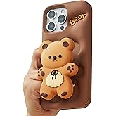 TUFTA Kawaii 3D Bear Pop-Up Stand and Grip Phone Case for iPhone 16 Pro Max, Cute Cartoon Animal Phone Cover for Girls, Boys, Kids, Teens, and Women, Tan