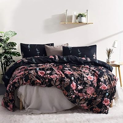 Leadtimes Floral Duvet Cover Set Twin Size, Single Leaf Black