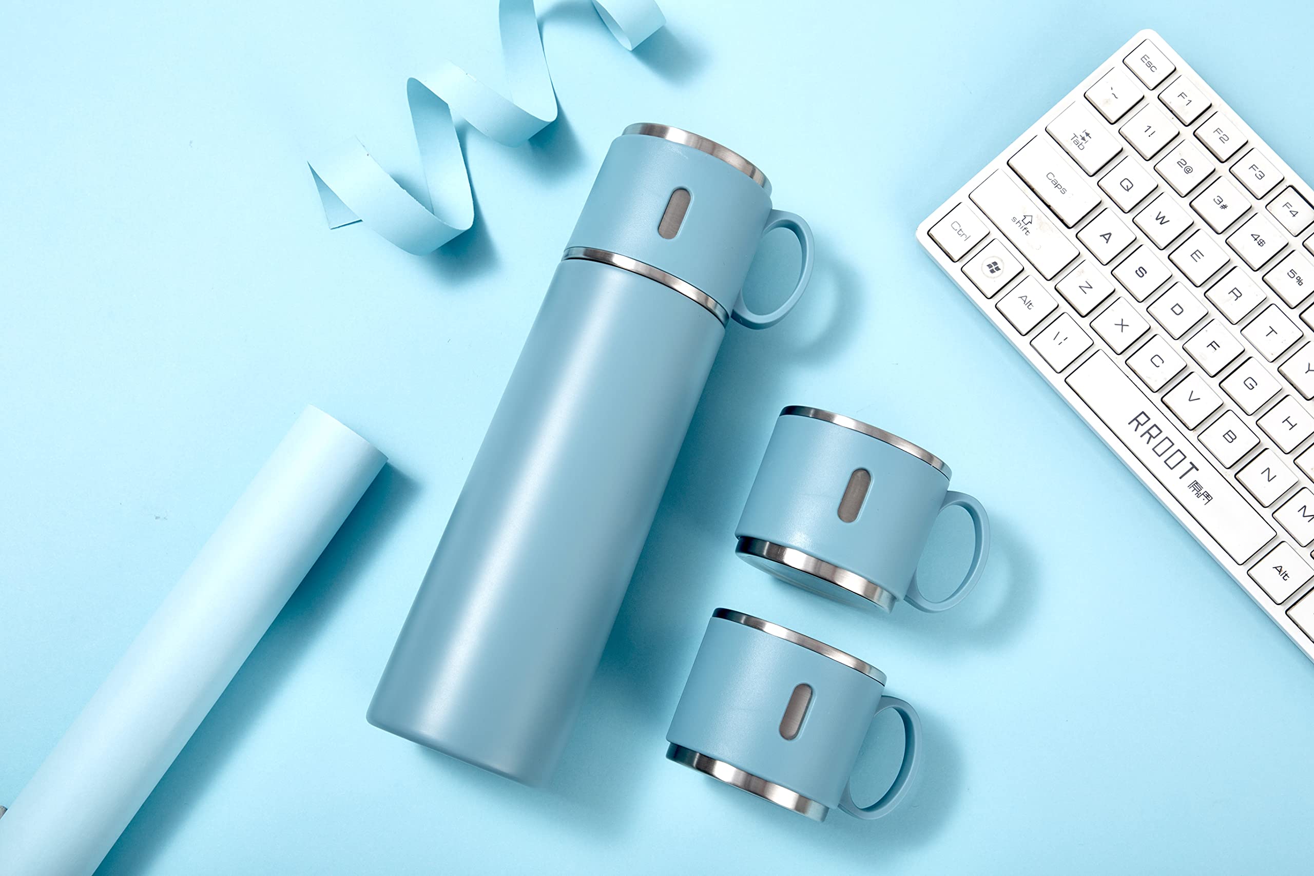 Vacuum Insulated Flask 500ml/17.6oz Stainless Steel Thermo Bottle with Cup for Coffee Tea Hot Drink and Cold Drink Travel Mug (Blue)