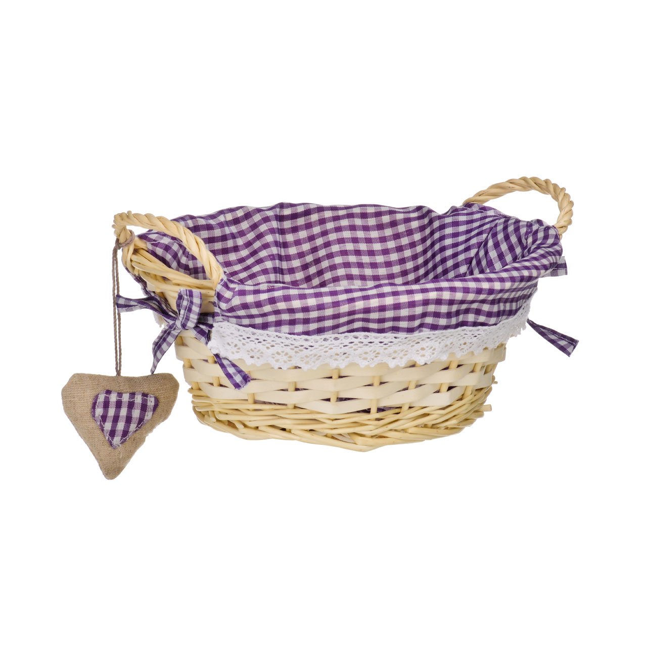 Premier Housewares Woven Oval Willow With Heart Accent | Bread Basket With Gingham Lining | Lightweight Bread Hamper Basket | Country-Style Bread Holder For Tabletop or Shelf