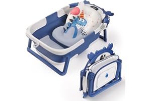 RURING Baby Bathtub,Collapsible Baby Bath Tub with Thermometer & Soft Floating Cushion,Portable Travel Baby Bathtubs for Newborns to Toddlers 0-36 Months(Crab Blue)