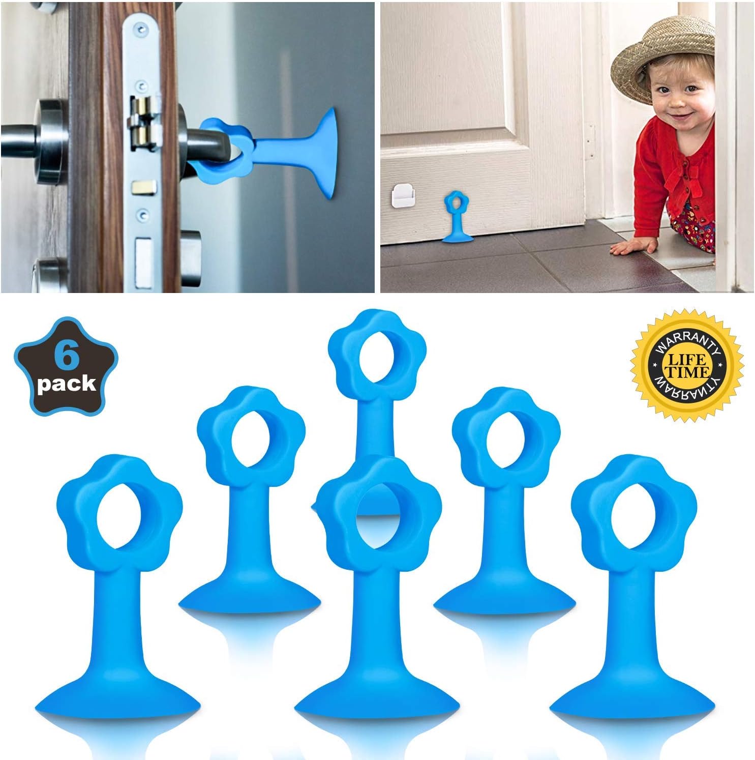 Rubber Door Stopper, Rubber Removable Door Handle Bumper Guard Stopper Wall Shield Protector for Door Handle Easy Install Anti-Collision Silicone, Noise Damping and Eco-Friendly 6 Pack (Blue)