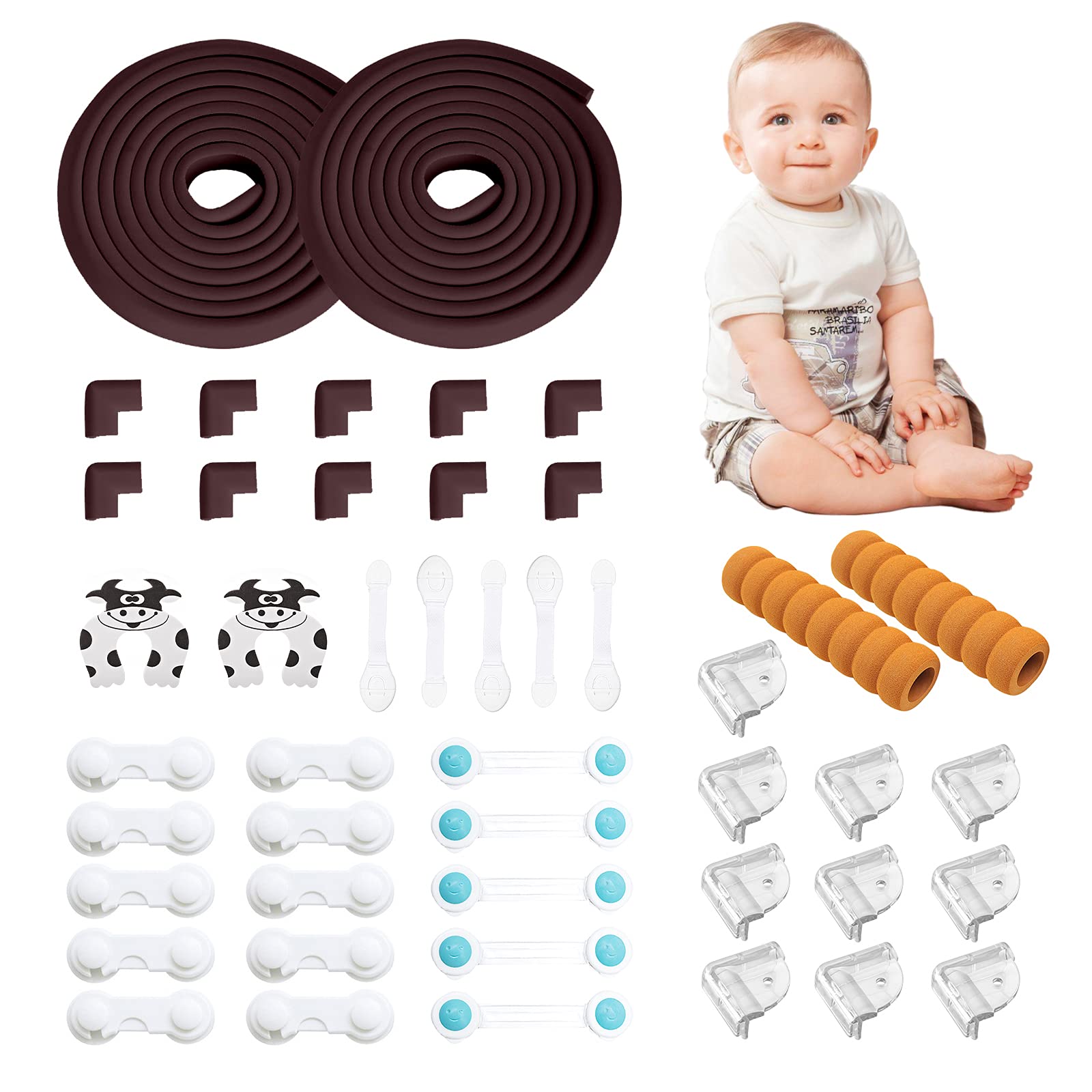 Homemari 46 PCS Baby Safety Kit Magnetic Cabinet Locks Baby Proofing Edge Corner Protector Table Bumper Guard Door Knob Covers (Brown)