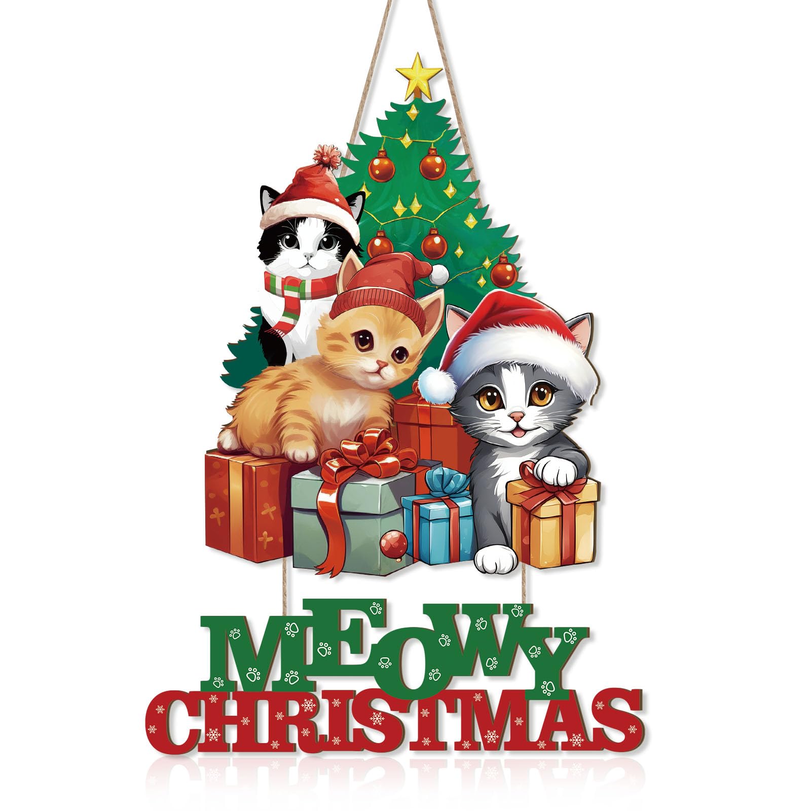 KAIRNE Meowy Christmas Cat Wooden Sign - Welcome Wall Art for Front Door, Tree Decoration, Kitty Kitten Wall Decor for Winter Party