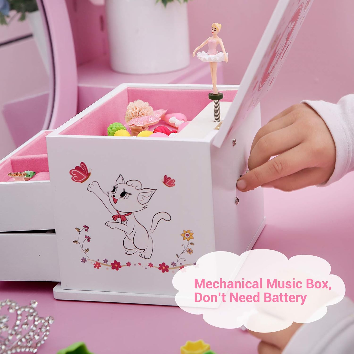 SONGMICS Ballerina Music Jewelry Box for Little Girls, Cartoon Cat, Fur Elise Melody, 5.9"L x 4.5"W x 4.8"H, White: Furniture & Decor