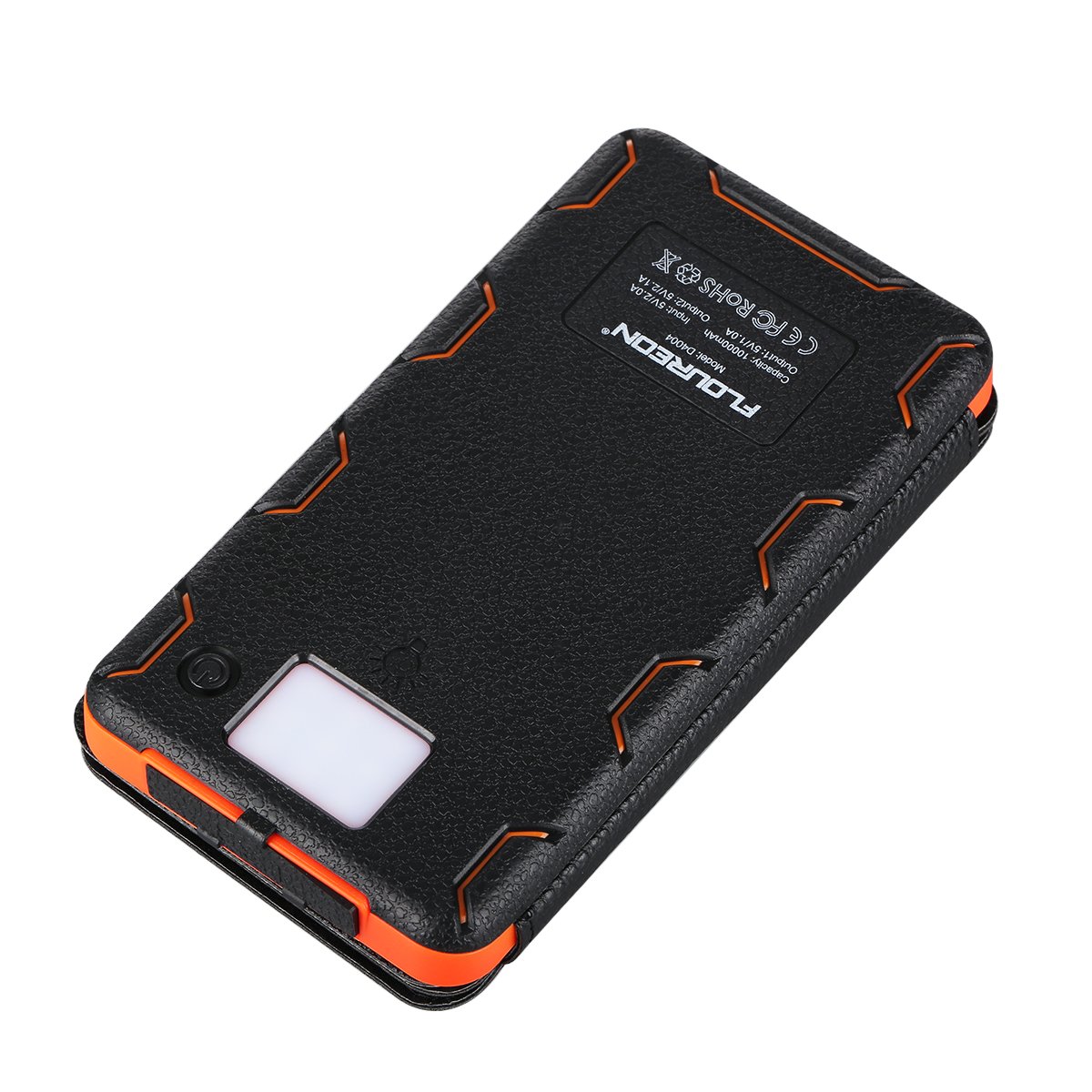 FLOUREON 10,000mAh Solar Charger Power Bank with 1+3PCS Solar Panels Portable Solar Powered Phone Charger IP67 Waterproof LED SOS Flashlight (Orange)