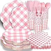 175pcs Gingham Party Supplies for 25 Guests Thick Pink Paper Plates and Napkins Knives Spoons Forks Cups Disposable Party Utensils for Baby Shower Birthday Picnic Wedding (Pink)