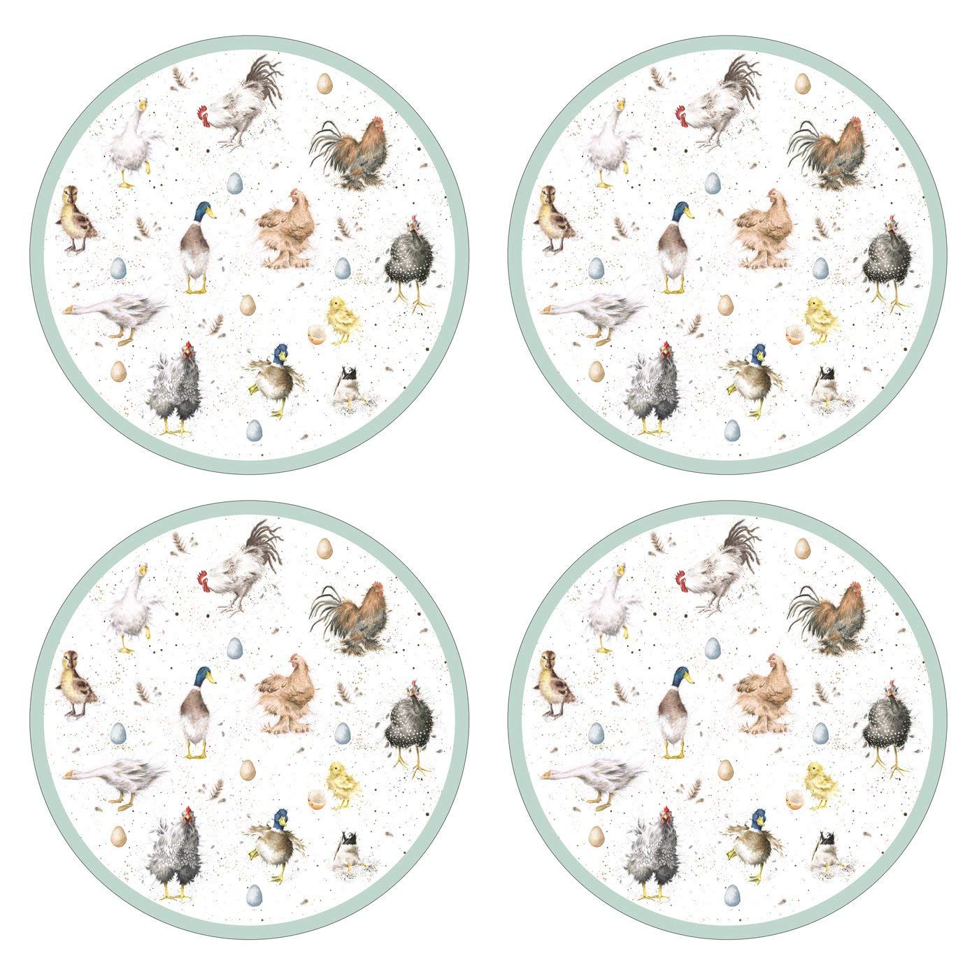 Portmeirion Wrendale Designs Farmyard Feathers Round Placemat, Wood, Multi-Colour, Small, Set of 4