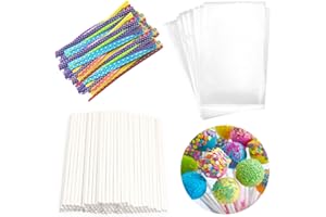 REPINSTA Lollipop Cake Pop Treat Bag Set Including 100pcs Parcel Bags, Papery Treat Sticks, Colorful Metallic Twist Ties for Making Lollipops, Cake Pops, Candies, Chocolates and Cookies