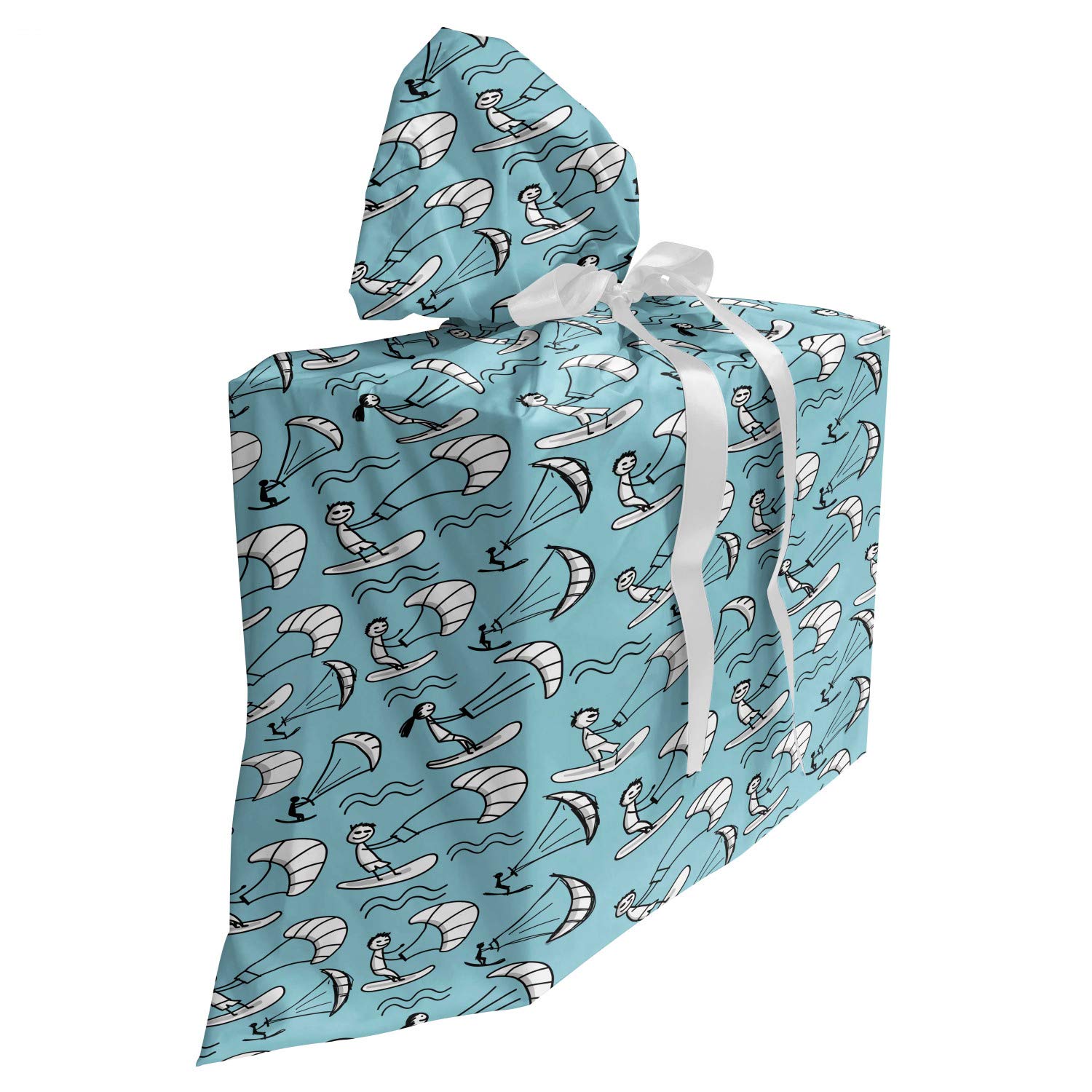 ABAKUHAUS Kites Fabric Gift Bag, Funny Doodle Kiteboarding Kids Wind Surfing Extreme Sports Sketch Art, Present Sack for Baby Showers Birthdays with 3 Ribbons, 27" X 32", Pale Blue White