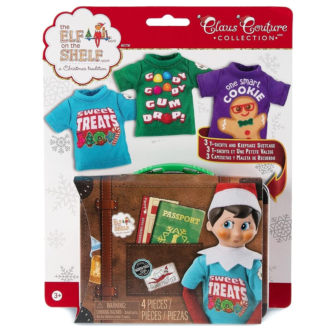 The Elf on the Shelf Sweet Treats Tees Claus Couture Clothes Set for your Scout Elf - Accessories include a Collectible Tin Suitcase Prop with a Trio of Elf-Sized T- Shirts
