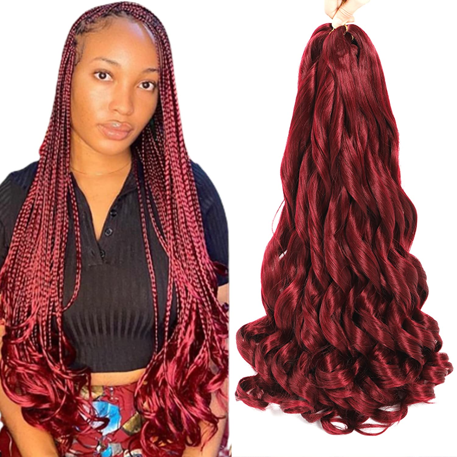 View 1 of French Curly Braiding Hair 24 Inch 8 Packs Burgundy Color - Pre Stretched Bouncy Braiding Hair- Loose Wavy Synthetic Hair Extensions For Black Women (24 inch 8 packs, Burgundy)