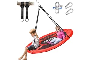 Hishine 43" Saucer Tree Swing for Kids, 360° Rotate Waterproof Flying Saucer Swing with Swivel, Hanging Straps, Adjustable Ropes, Round Mat Spinner Swing for Tree/Swing Set (Red)