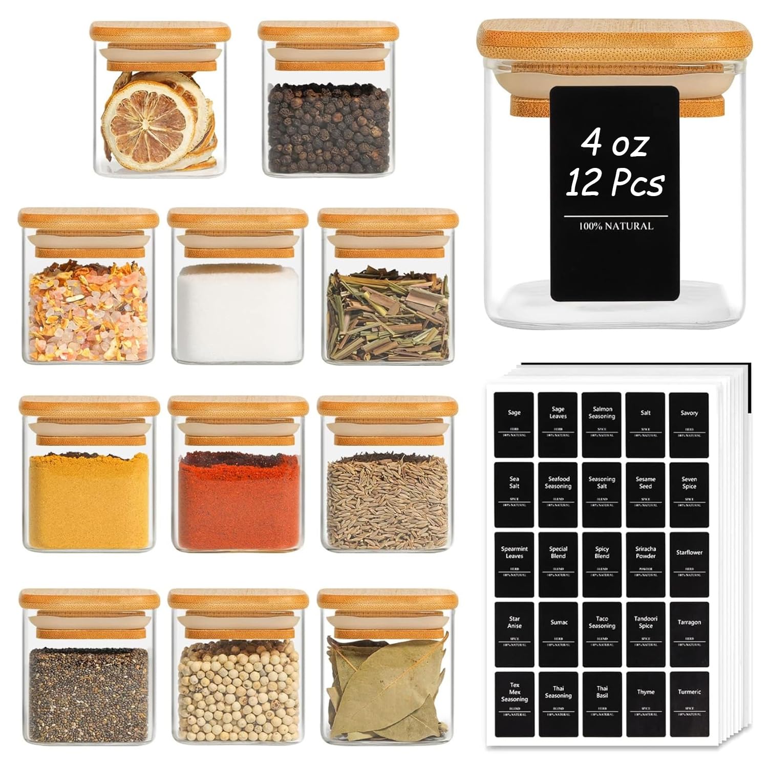 Photo 1 of *MISSING PARTS*
ComSaf 12Pcs Glass Spice Jars with Bamboo Lid, 4oz Airtight Square Spice Containers with 275 Black Lables, Empty Seasoning Jars for Spice Salt Sugar