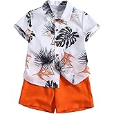 SweatyRocks Boy's 2 Piece Outfits Boho Tropical Print Short Sleeve Button Down Shirt and Shorts Set