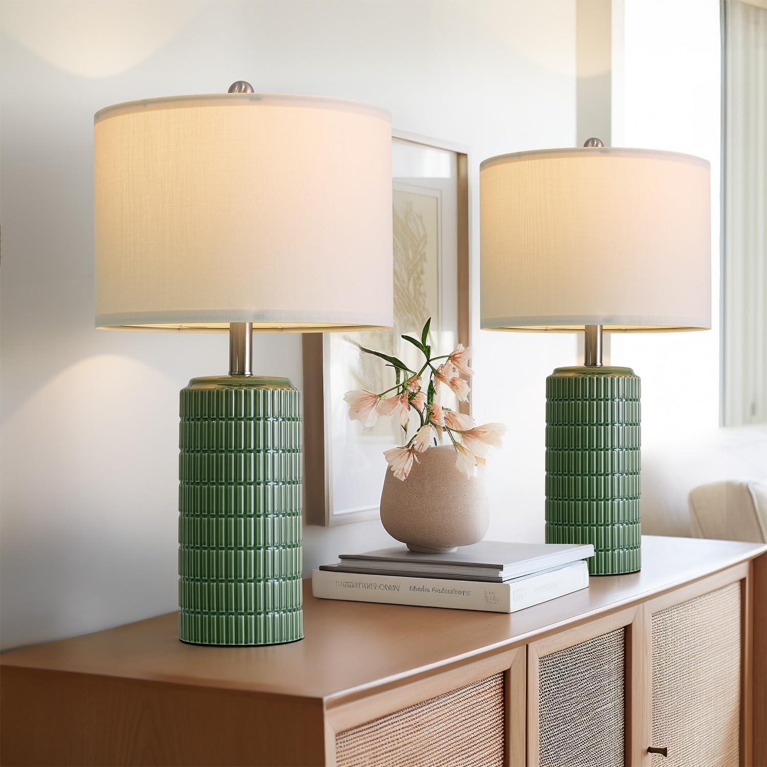 PoKat 23" Dark Green Ceramic Table Lamps Set of 2, Modern Table Lamps for Living Room, Farmhouse Lamps for Bedroom Night Stands, Traditional Nightstand Desk Decor Lamps Image