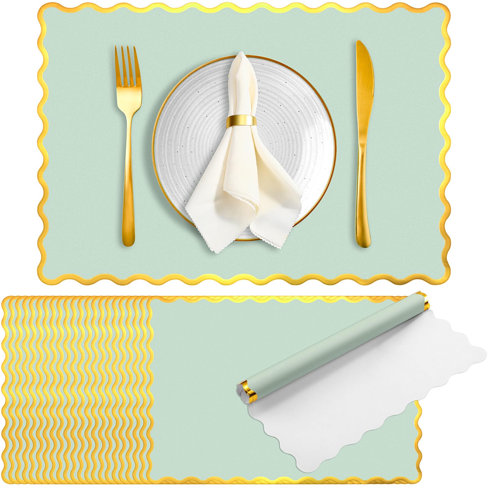 Photo 1 of FoldTier 150 Pcs Disposable Paper Placemats Bulk 10"x14" Rectangle Place Mats with Scalloped Edges Dining Table Mat for Wedding Birthday Easter Party Table Decoration(Sage Green)