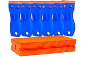 TVKIADV Plastic Razor Blade Scraper Tool, 6 Pcs Razor Scraper with 60 Pcs Plastic Blades, Cleaning Scraper Remover for Removal Floor Stove Scraping Labels and Decals Sticker on Car Window Glass