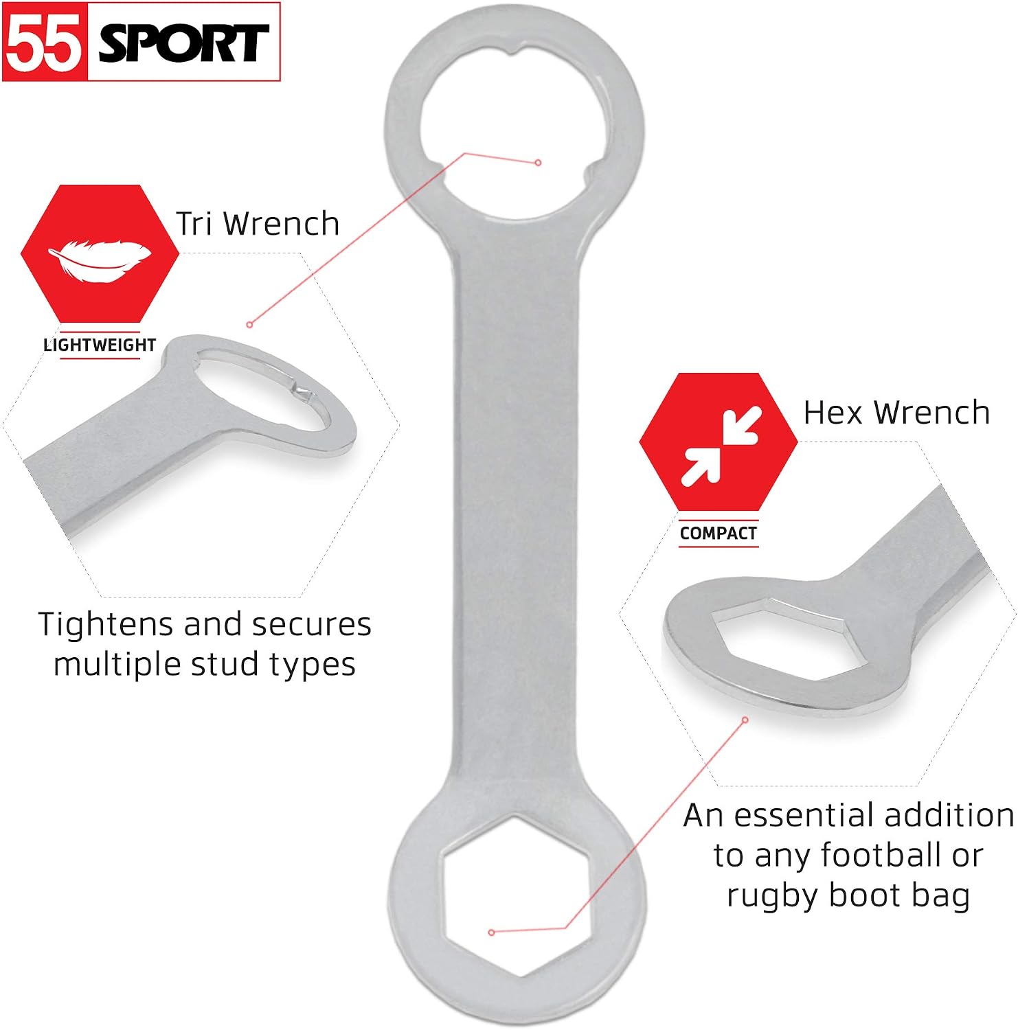 55 Sport Football & Rugby Stud Spanner - Hexagonal/Tri-Tooth, Silver - Image 3
