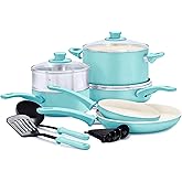 GreenLife Soft Grip Healthy Ceramic Nonstick 12 Piece Cookware Pots and Pans Set, PFAS-Free, Dishwasher Safe, Turquoise