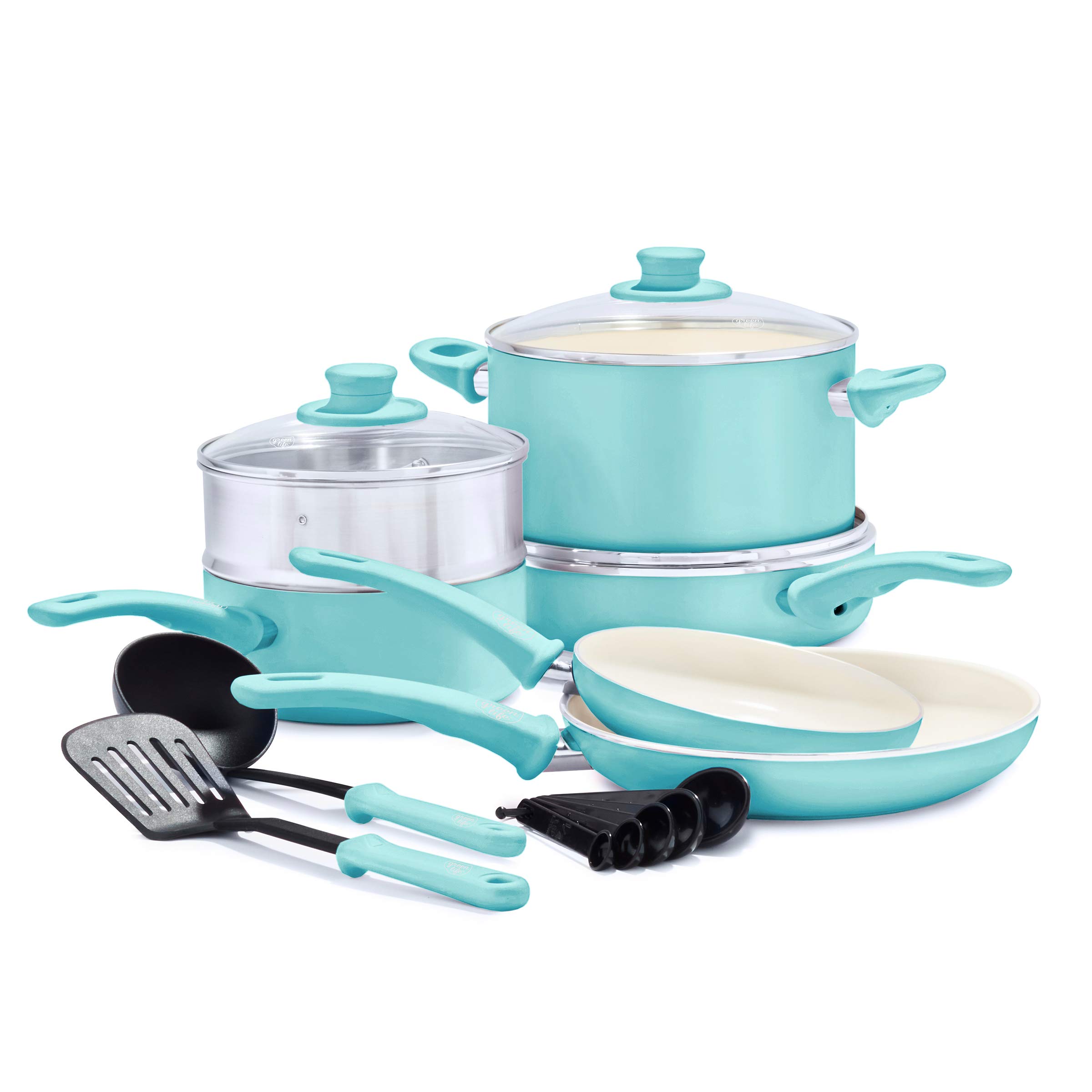 GreenLife Soft Grip Healthy Ceramic Nonstick 12 Piece Cookware Pots and Pans Set, PFAS-Free, Dishwasher Safe, Turquoise Image