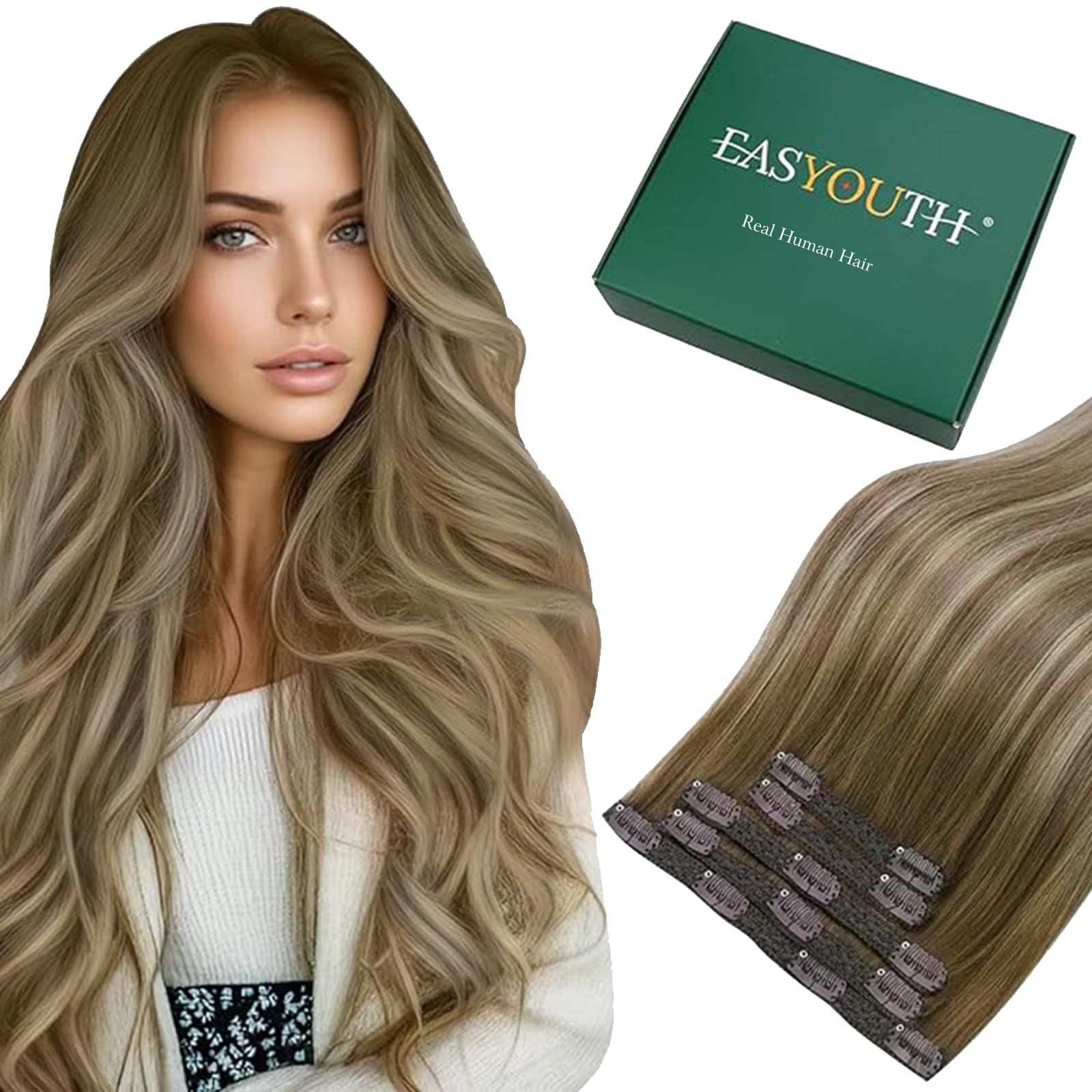 Easyouth Human Hair Extensions Clip in Balayage Blonde Clip in Extensions Real Human Hair Dark Brown Ombre Light Brown and Medium Blonde Clip on Real Hair Extension 20Inch 70g 5Pcs #3/8/22