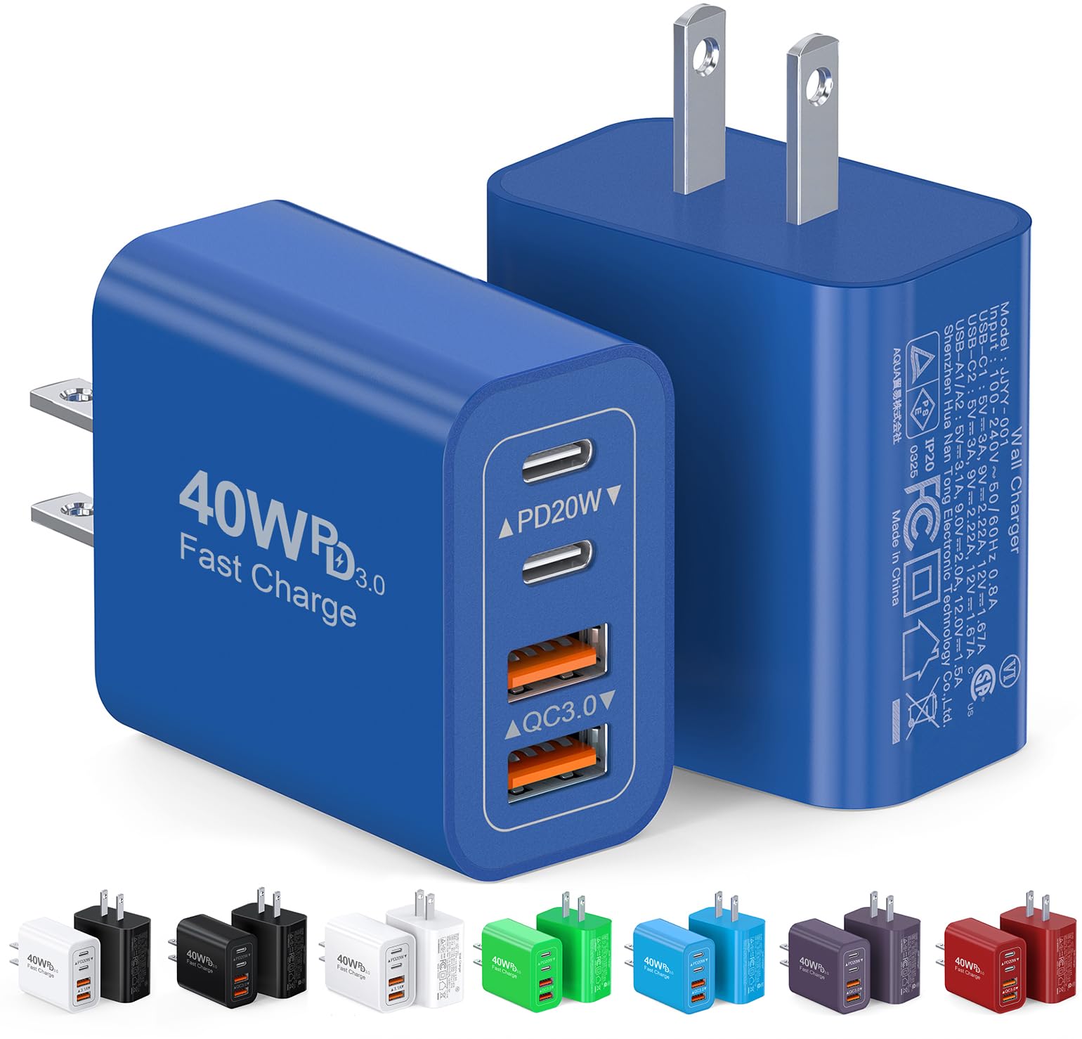 [2Pack]40W USB C Super Fast Charger Cube,PD + QC Charging Block Power Adapter 4 Port Wall Mount Plug for iPhone 17 16 15 14 13 12, Motorola, LG, Google Pixel 6a/6 Pro/6/5a/5/4/4A Box Brick (Dark Blue)