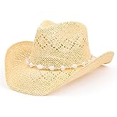 TOVOSO Western Cowgirl Hat, Straw Cowboy Hat for Women with Shapeable Brim, Beaded Hearts Trim, Shapeable Cowboy Hat