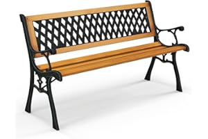 Tangkula Outdoor Garden Bench Park Bench, Patio Bench Chair with Cast Iron & Hardwood Structure, Weather Proof Porch Outdoor Furniture Loveseat, Perfect for Backyard, Deck, Lawn, Poolside