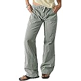 Flamingals Straight Leg Pants for Women Mid Rise Casual Drawstring Solid Patch Pocket Bootcut Pants