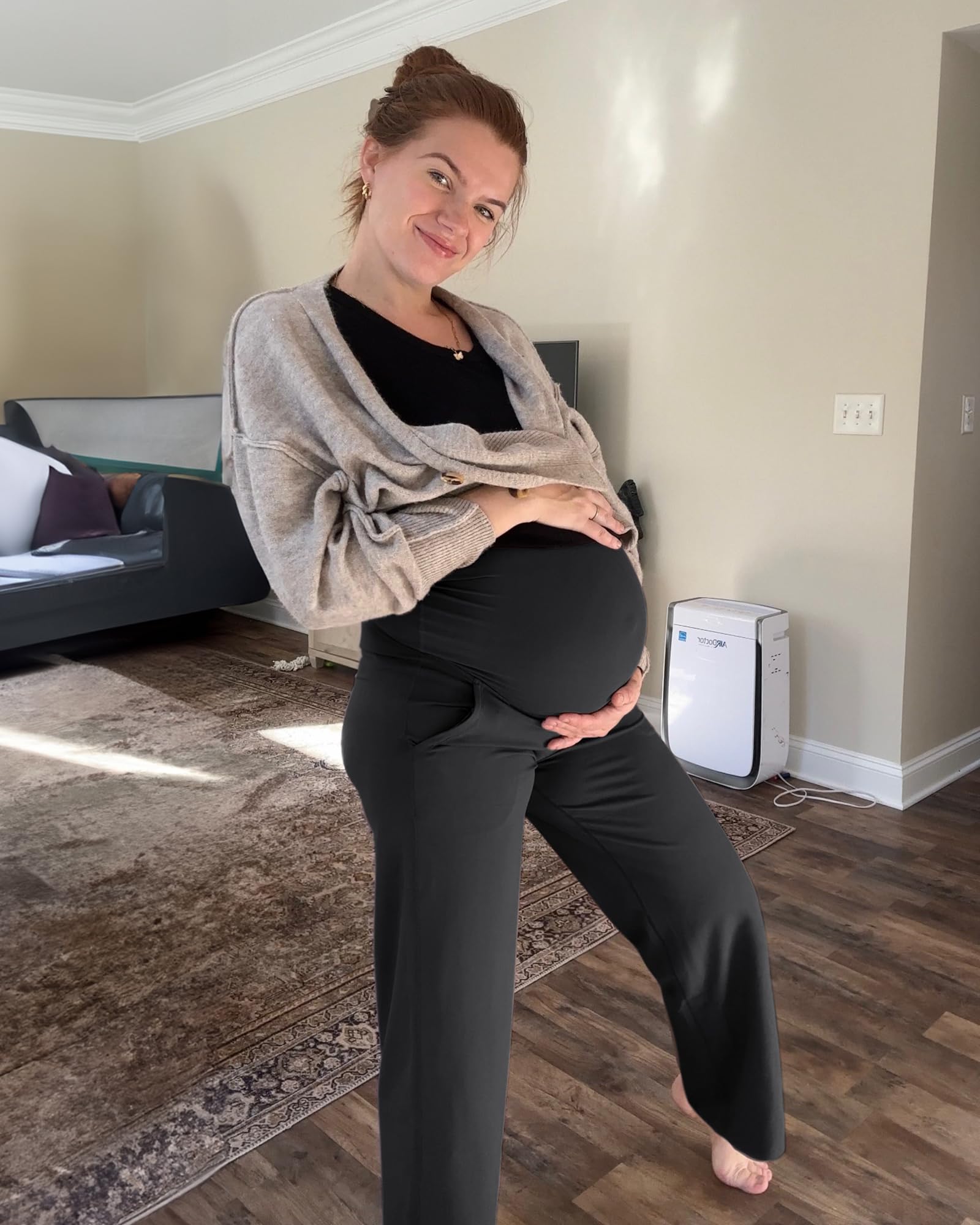 G4Free Maternity Pants Over The Belly Yoga Dress Work Pregnancy Pants Stretchy Lounge Wide Leg Trousers with Pockets