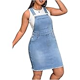 WDIRARA Women's Plus Size Denim Overall Dress Raw Hem Short Jean Pinafore Dress with Pockets