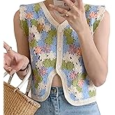 LIANXUE Women Vintage Knit Crochet V-Neck Waistcoat Cropped Cardigan Embroidery Colorblock Floral Sleeveless Sweater Vest Top