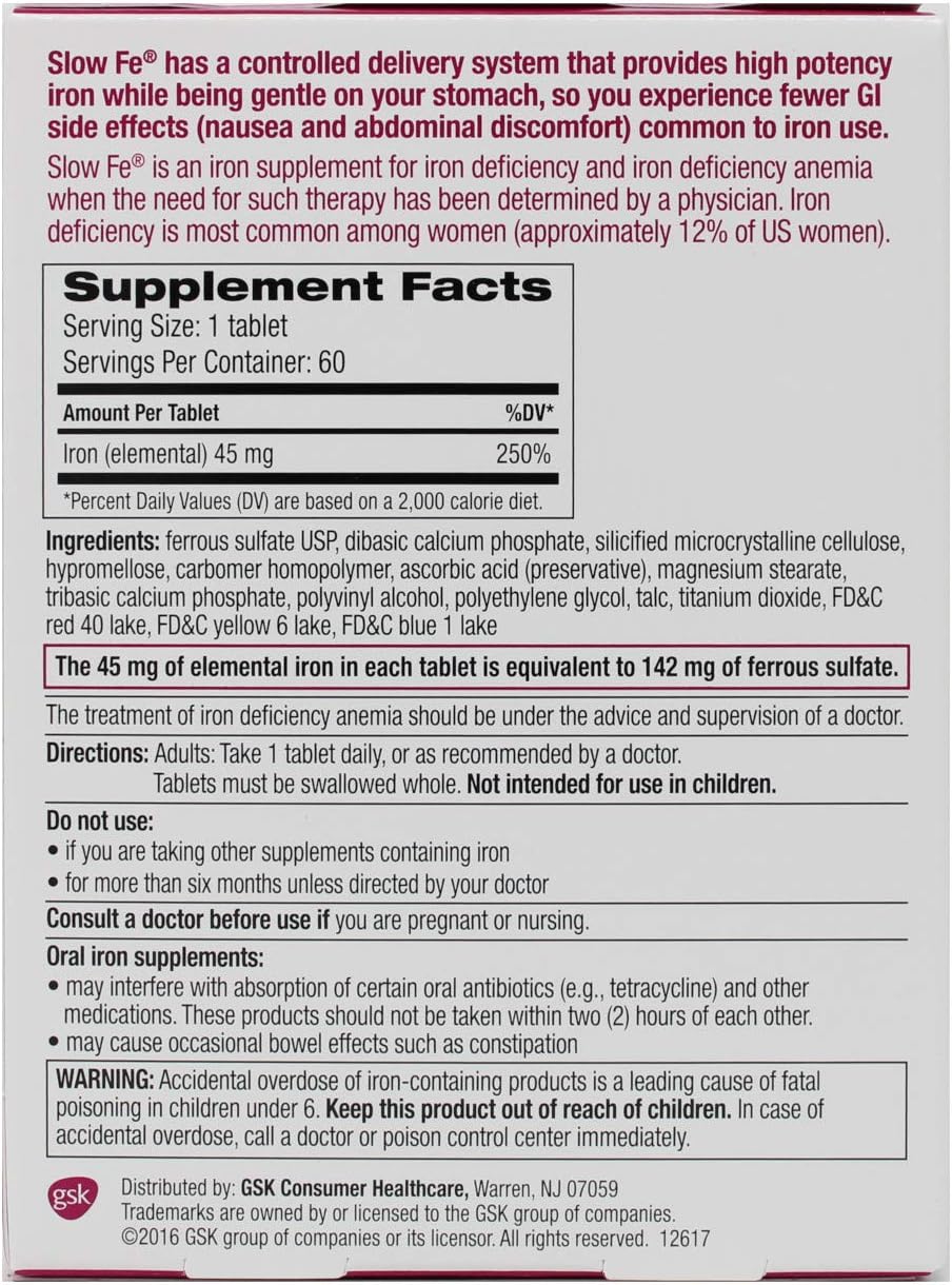 Slow Fe, High Potency Iron 45 mg, Slow Release - 60 Tablets: Health & Personal Care